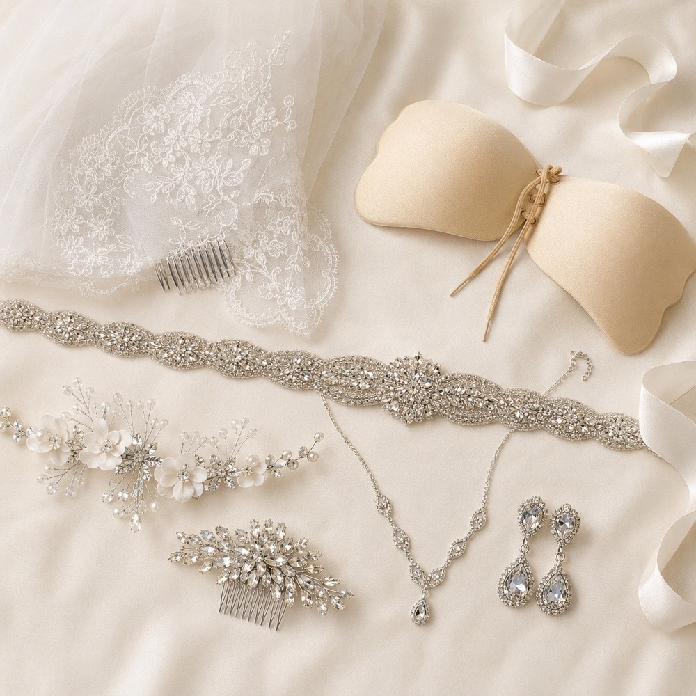 New Bridal Wedding Accessory Set Cathedral Lace Veil Strapless Bra Garter Bundle